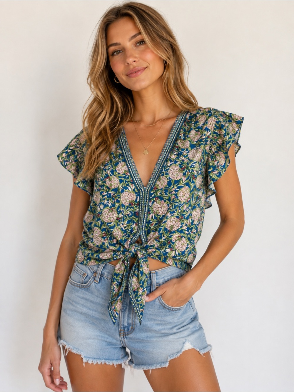 Max Studio London Floral Tie Front Blouse XS Blue Green Boho - Picture 2 of 12